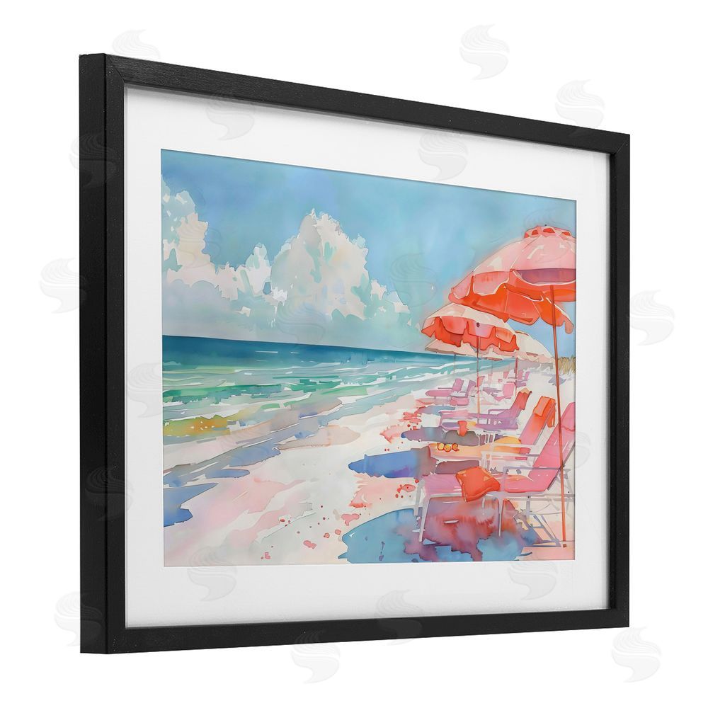 LSR Design Studio Peach Beach Relaxing Chairs Black Framed Print Under Glass Art