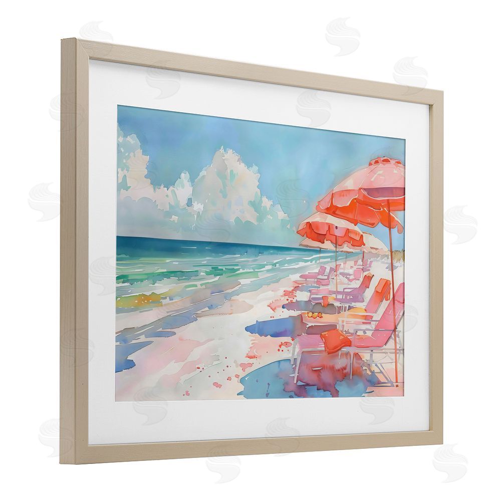 LSR Design Studio Peach Beach Relaxing Chairs Birch Framed Print Under Glass Art