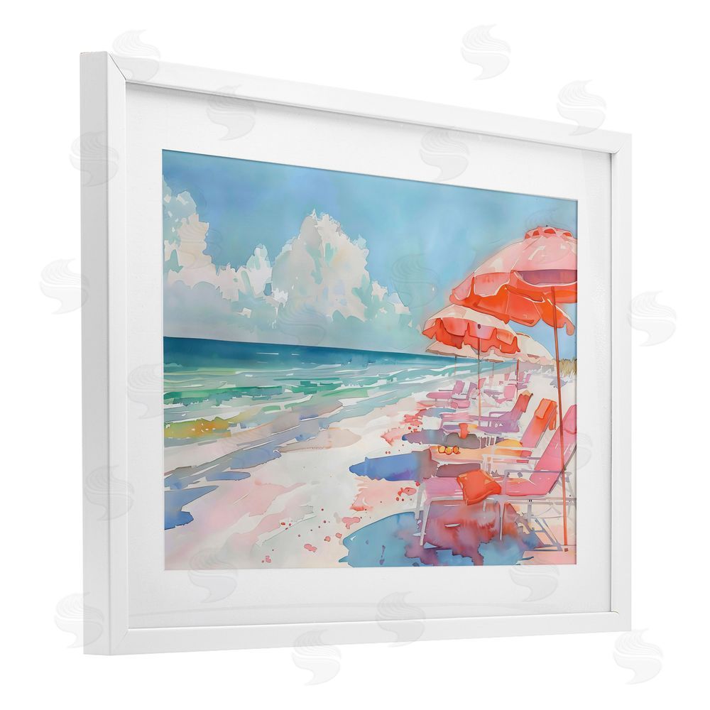 LSR Design Studio Peach Beach Relaxing Chairs White Framed Print Under Glass Art