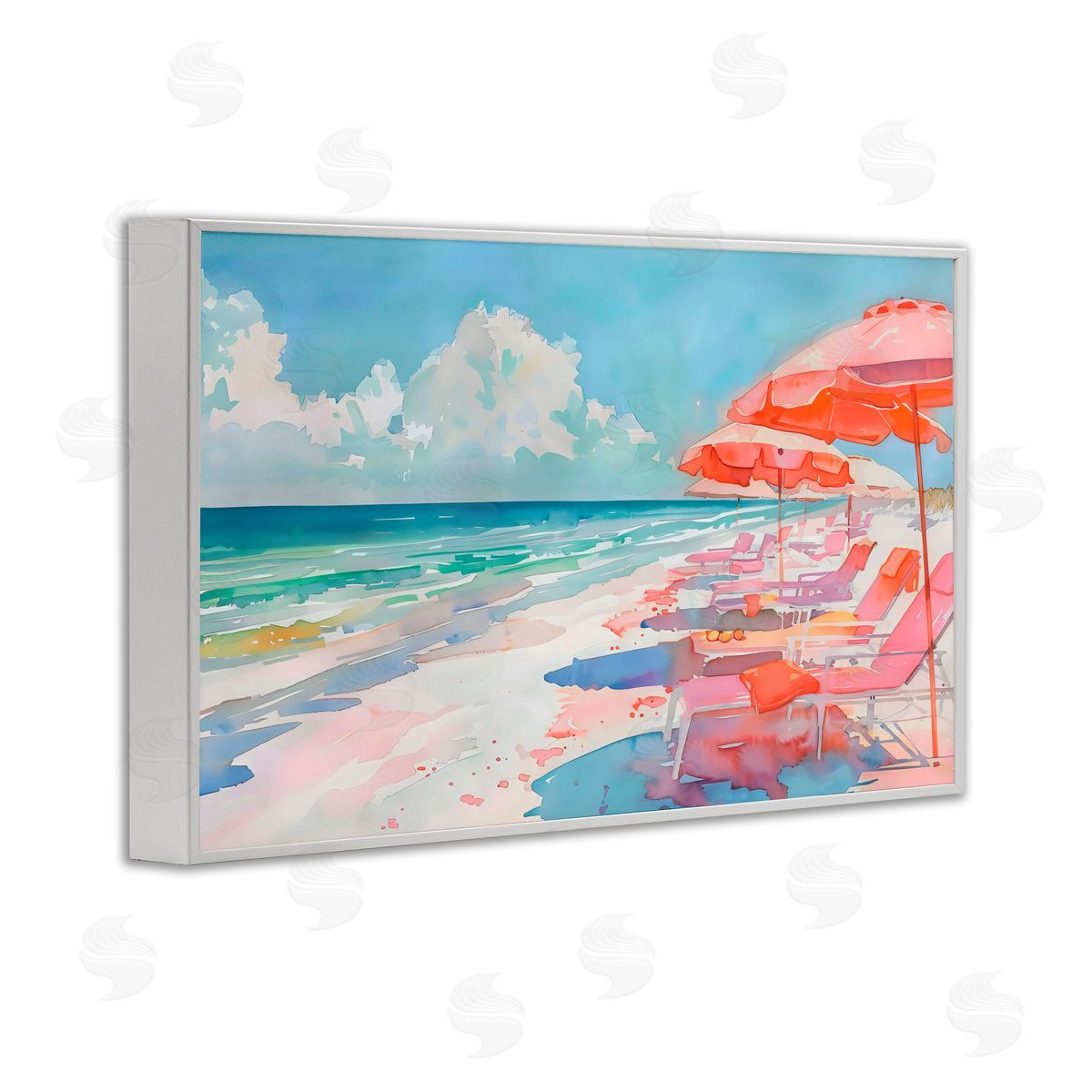 LSR Design Studio Peach Beach Relaxing Chairs White Frame Giclee Art Print
