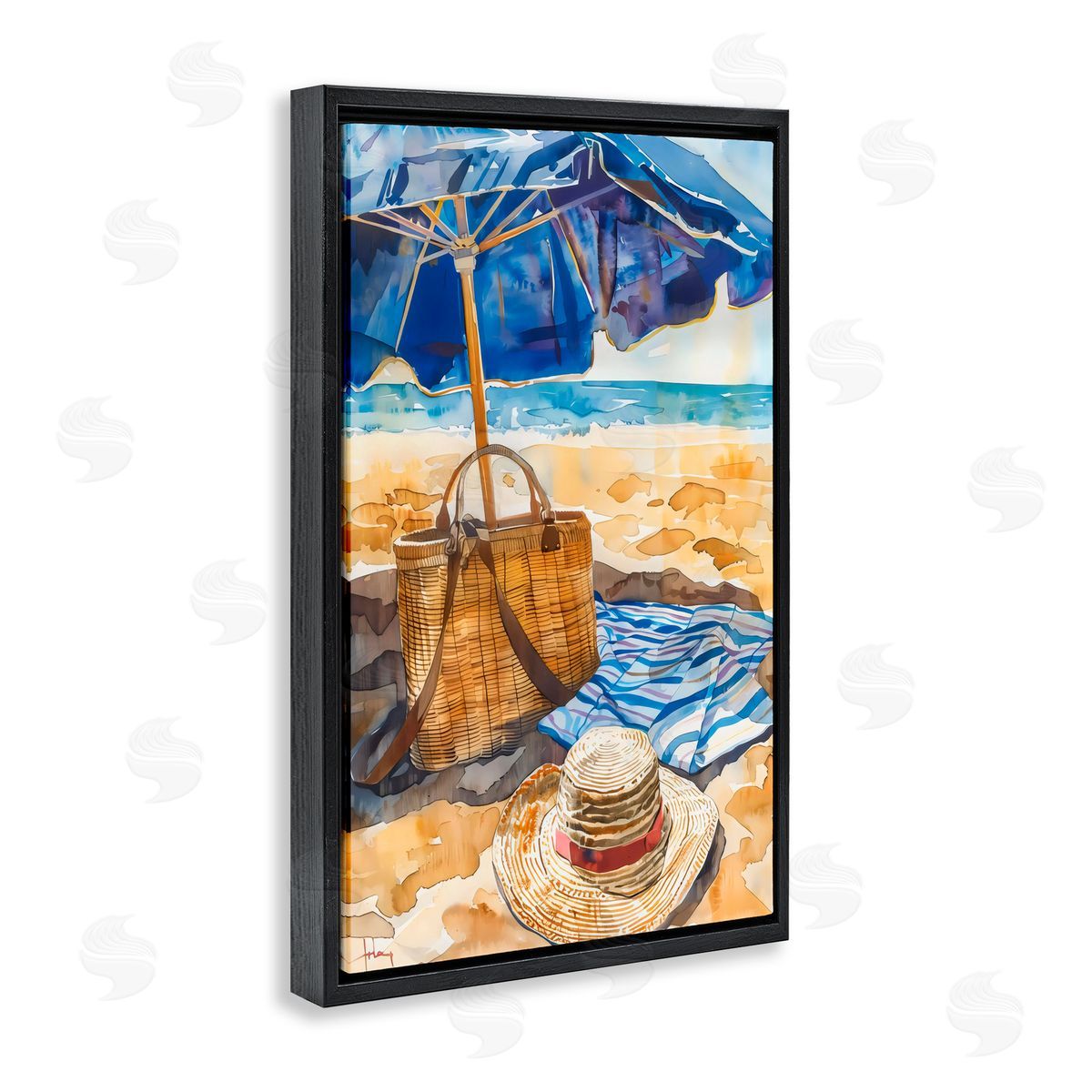 LSR Design Studio Coast Of Watercolor Beach Black Floating Frame Canvas Wall Art Print