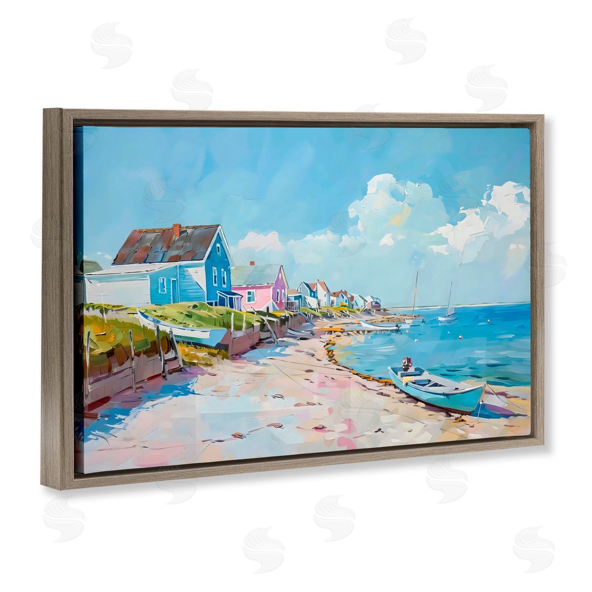 LSR Design Studio Coastal Beachside Cabanas Brown Floating Frame Canvas Art Print