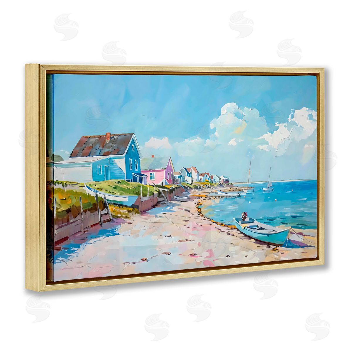 LSR Design Studio Coastal Beachside Cabanas Gold Floating Frame Canvas Art Print