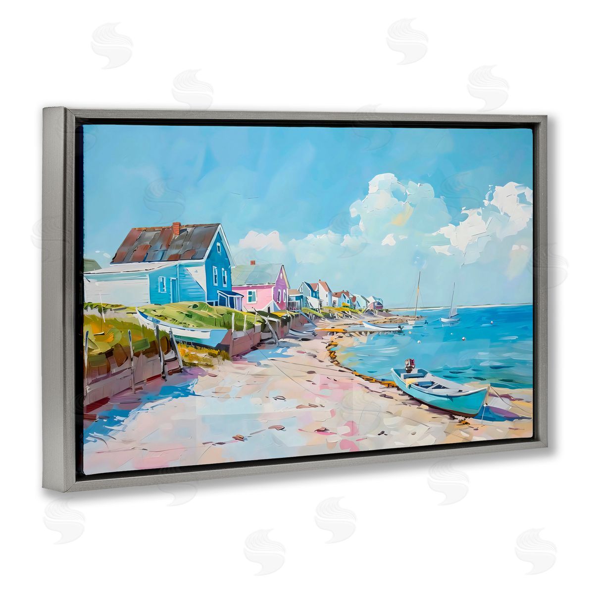 LSR Design Studio Coastal Beachside Cabanas Gray Floating Frame Canvas Art Print
