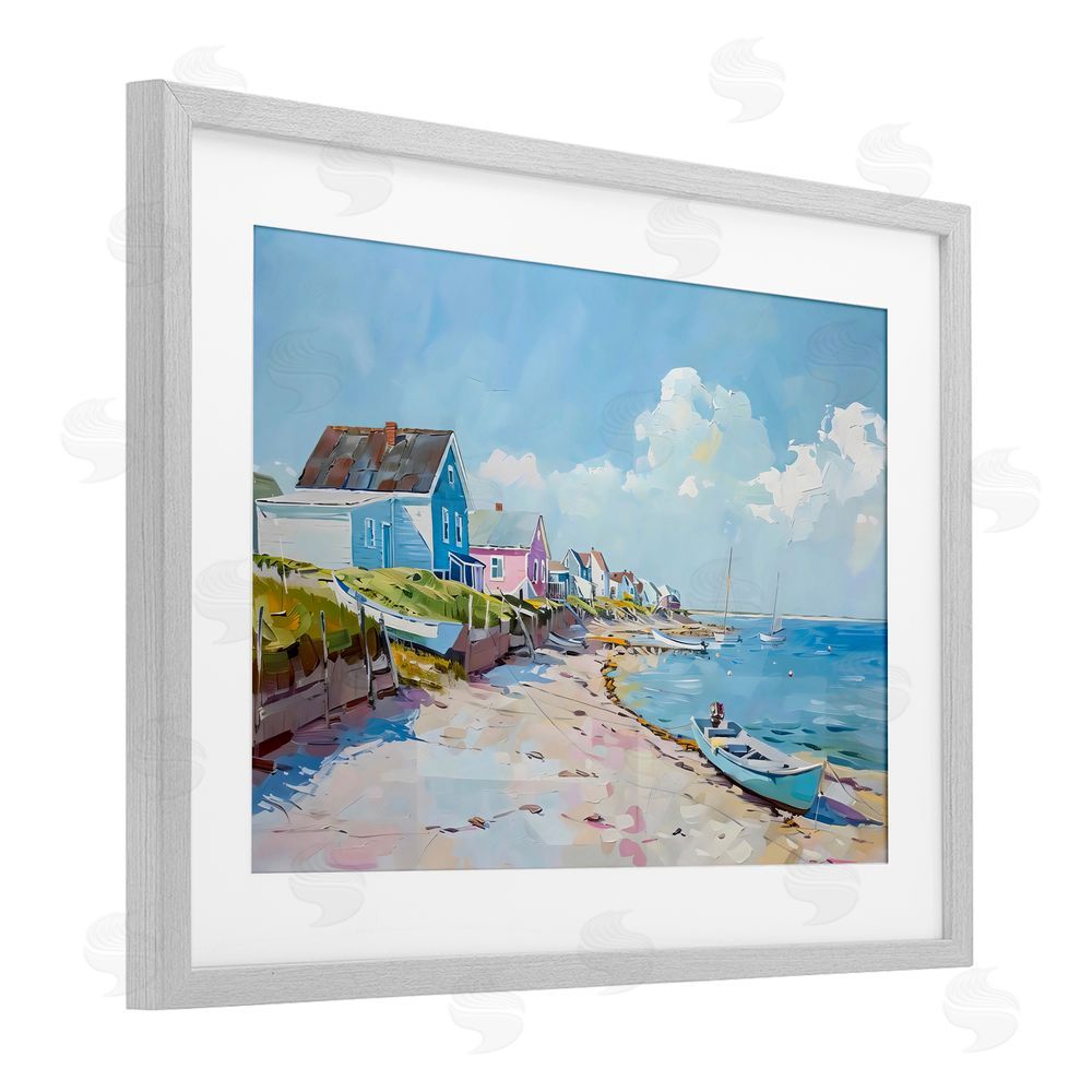 LSR Design Studio Coastal Beachside Cabanas Gray Framed Print Under Glass Art
