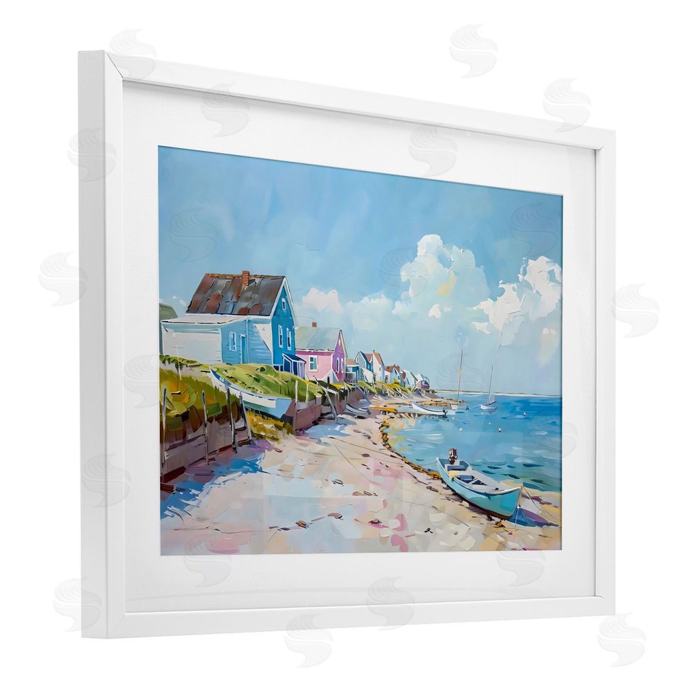 LSR Design Studio Coastal Beachside Cabanas White Framed Print Under Glass Art