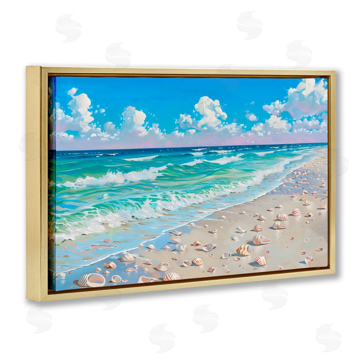 LSR Design Studio Shells Awash on Shore Gold Floating Frame Canvas Art Print