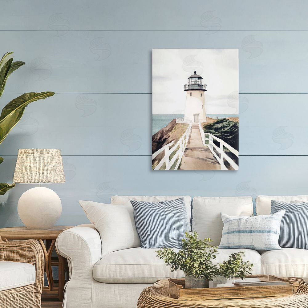 Sisi and Seb Watercolor Lighthouse Path Printed Wall Art in Room