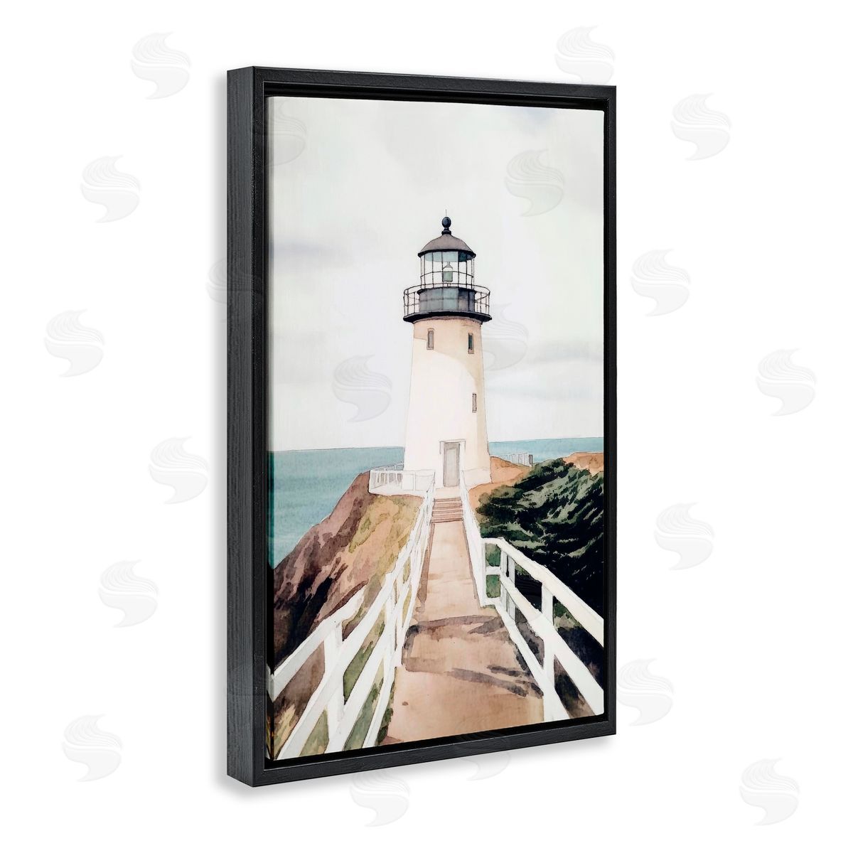 Sisi and Seb Watercolor Lighthouse Path Black Floating Frame Canvas Wall Art Print