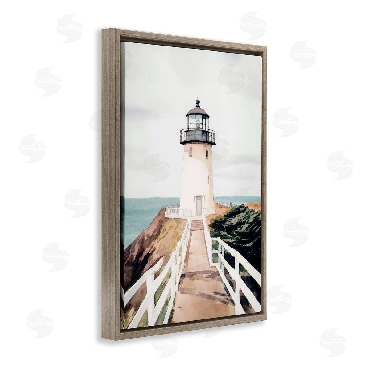 Sisi and Seb Watercolor Lighthouse Path Brown Floating Frame Canvas Art Print