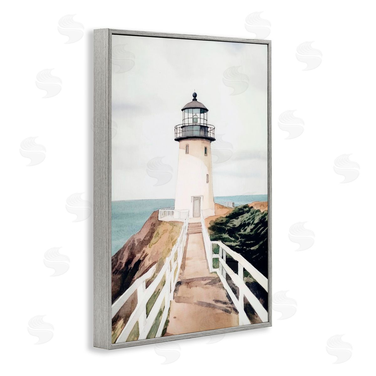 Sisi and Seb Watercolor Lighthouse Path Gray Framed Giclee Art Print