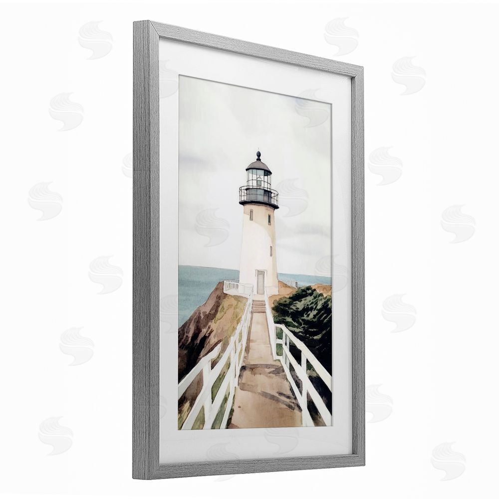 Sisi and Seb Watercolor Lighthouse Path Gray Framed Print Under Glass Art