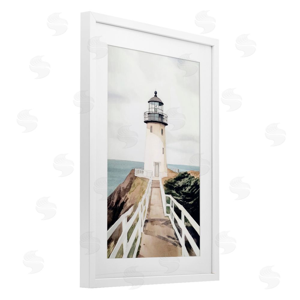 Sisi and Seb Watercolor Lighthouse Path White Framed Print Under Glass Art