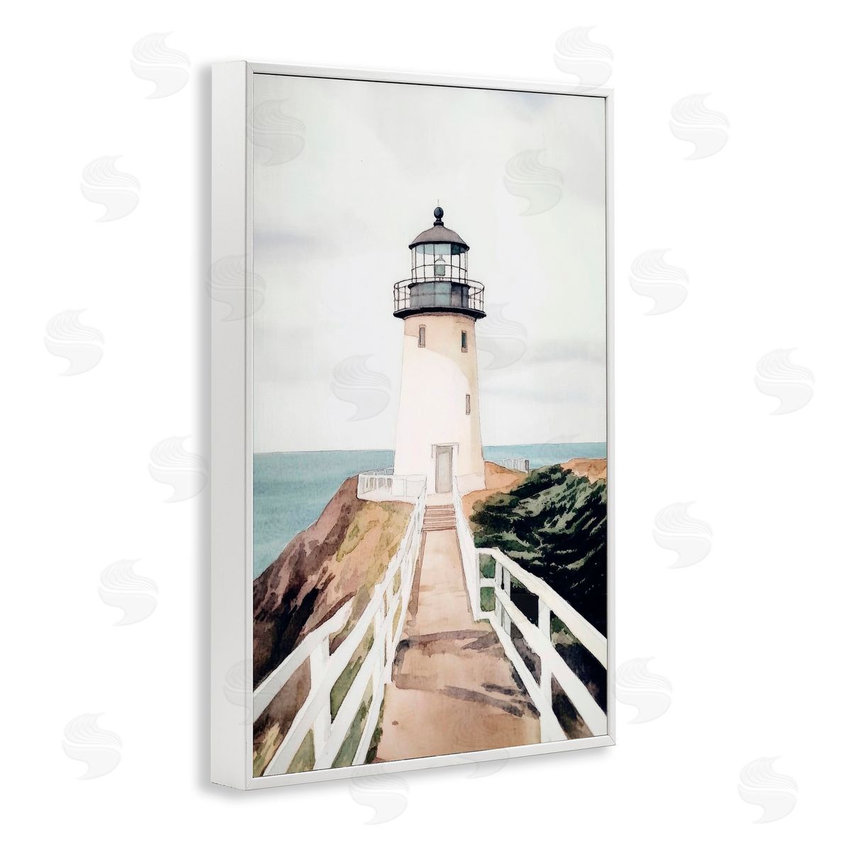 Sisi and Seb Watercolor Lighthouse Path White Frame Giclee Art Print