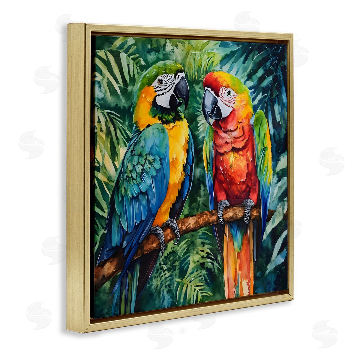 LSR Design Studio Parrot Conversation Perch Gold Floating Frame Canvas Art Print