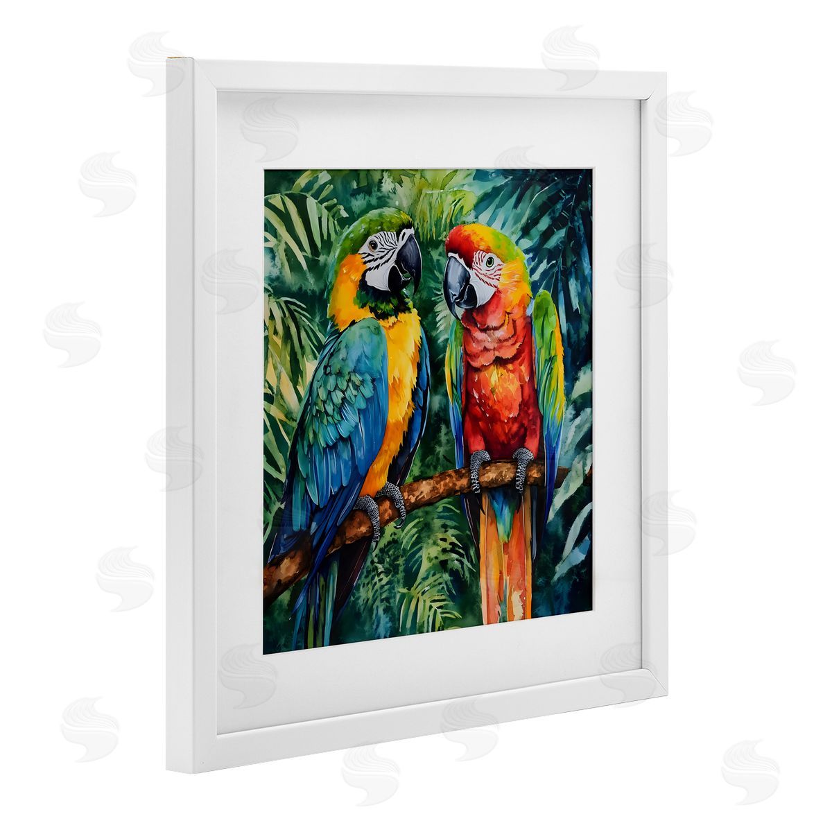 LSR Design Studio Parrot Conversation Perch White Framed Print Under Glass Art