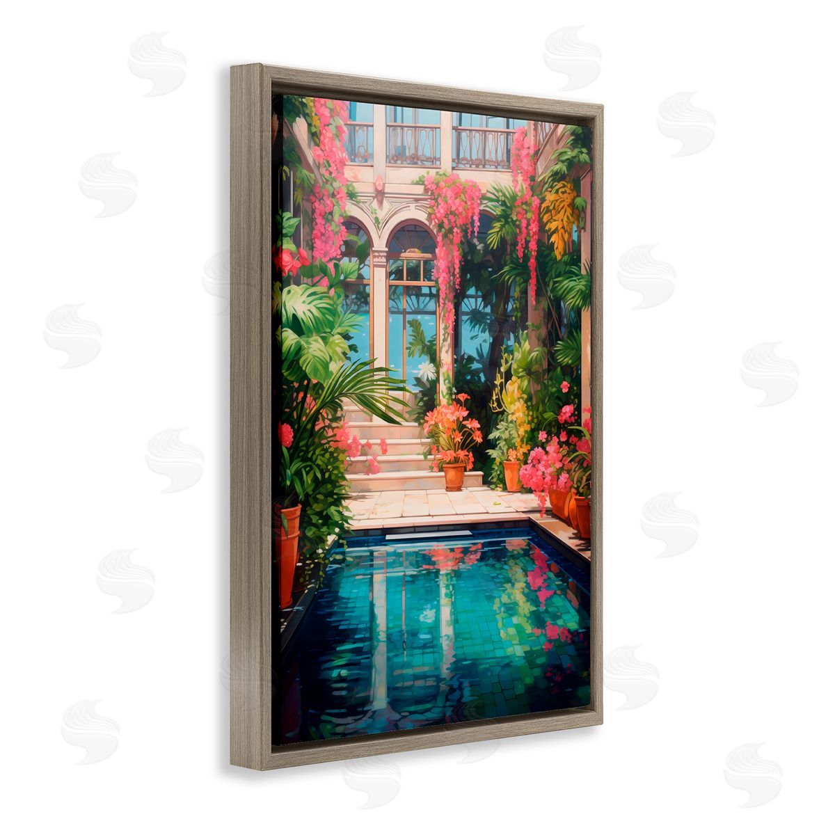 LSR Design Studio Pink Greenhouse Pool Reflection Brown Floating Frame Canvas Art Print