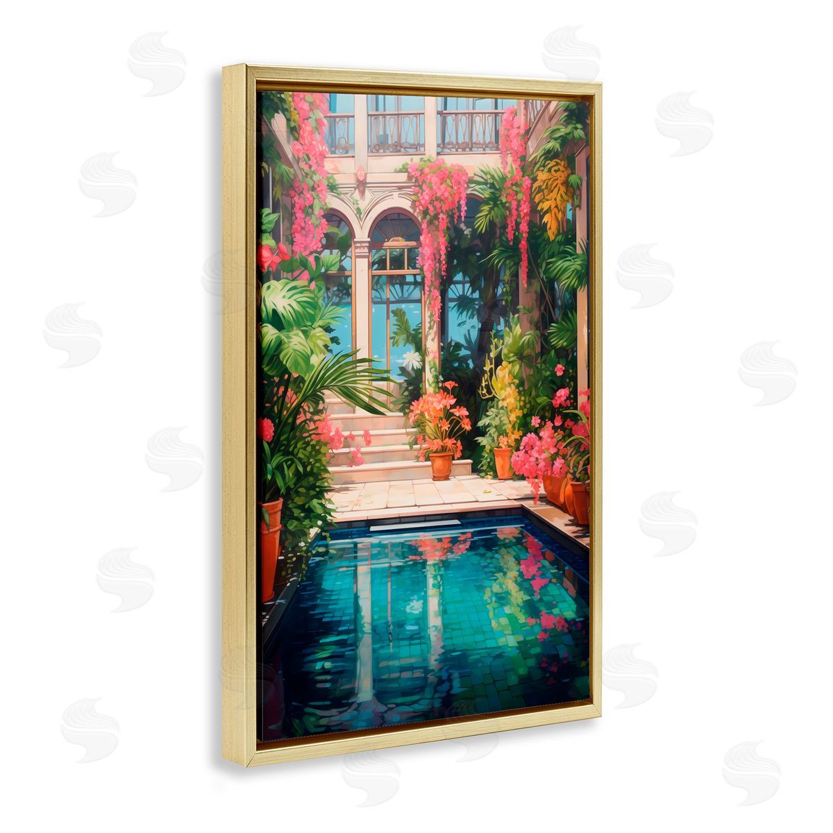 LSR Design Studio Pink Greenhouse Pool Reflection Gold Floating Frame Canvas Art Print
