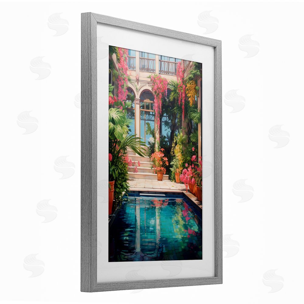 LSR Design Studio Pink Greenhouse Pool Reflection Gray Framed Print Under Glass Art