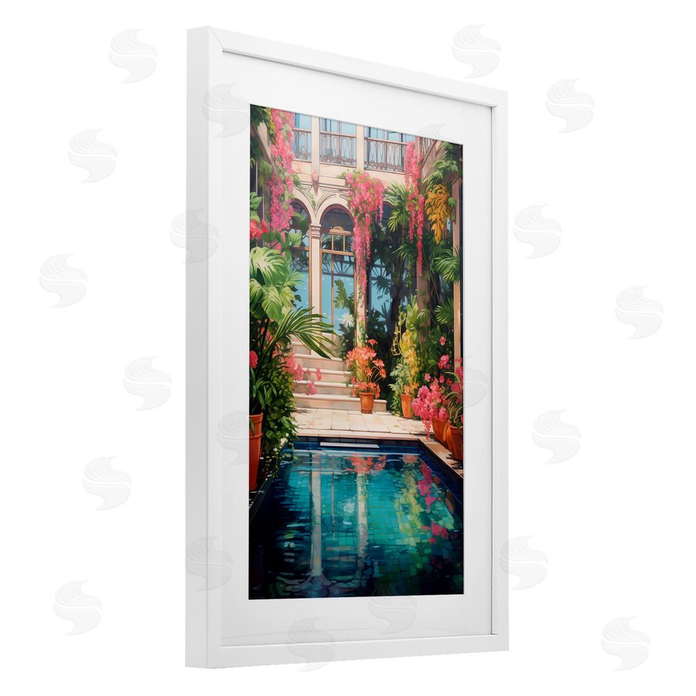 LSR Design Studio Pink Greenhouse Pool Reflection White Framed Print Under Glass Art