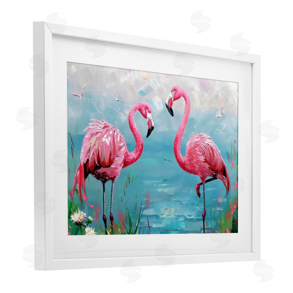 LSR Design Studio Flamingo Lagoon Duo White Framed Print Under Glass Art