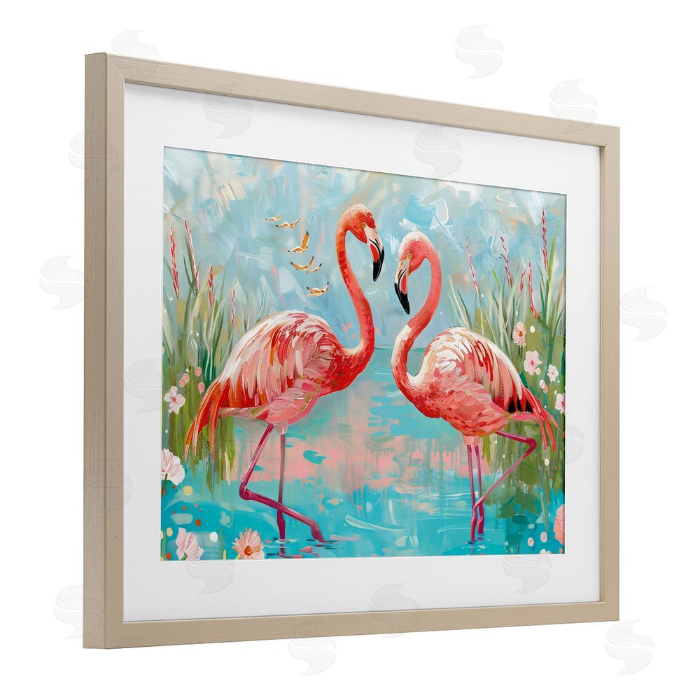 LSR Design Studio Modern Flamingo Love Birch Framed Print Under Glass Art