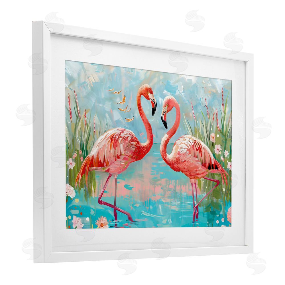LSR Design Studio Modern Flamingo Love White Framed Print Under Glass Art