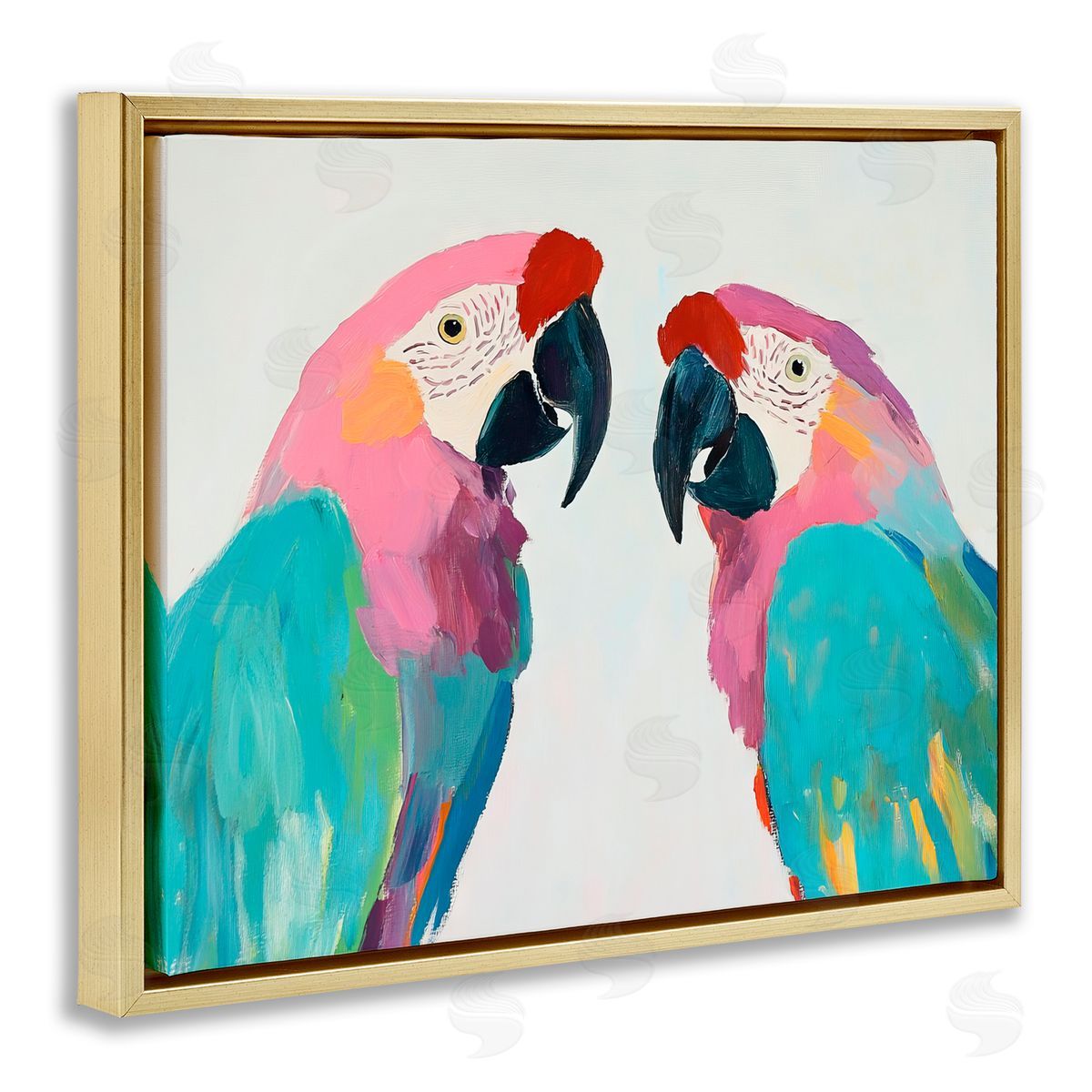Sisi and Seb Exotic Pastel Macaws Gold Floating Frame Canvas Art Print