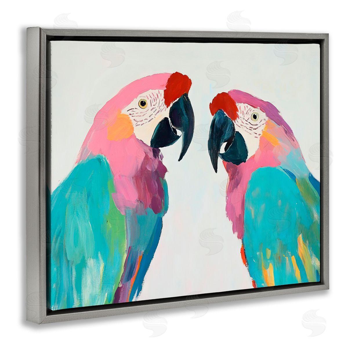 Sisi and Seb Exotic Pastel Macaws Gray Floating Frame Canvas Art Print