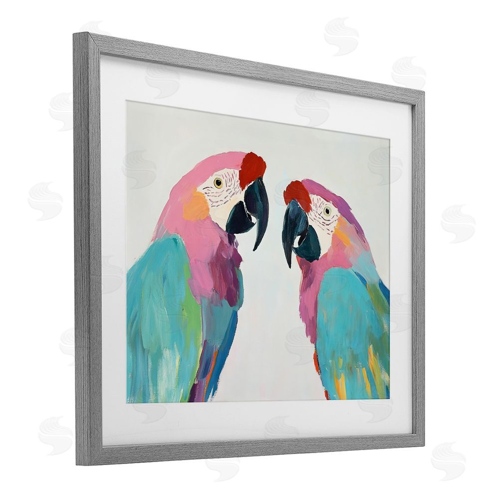 Sisi and Seb Exotic Pastel Macaws Gray Framed Print Under Glass Art
