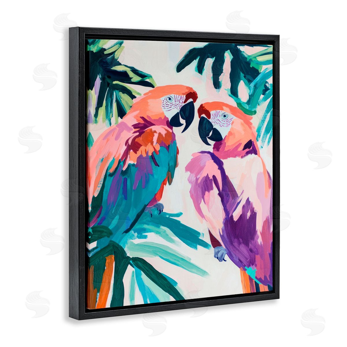 Sisi and Seb Tropical Paradise Macaws Black Floating Frame Canvas Wall Art Print