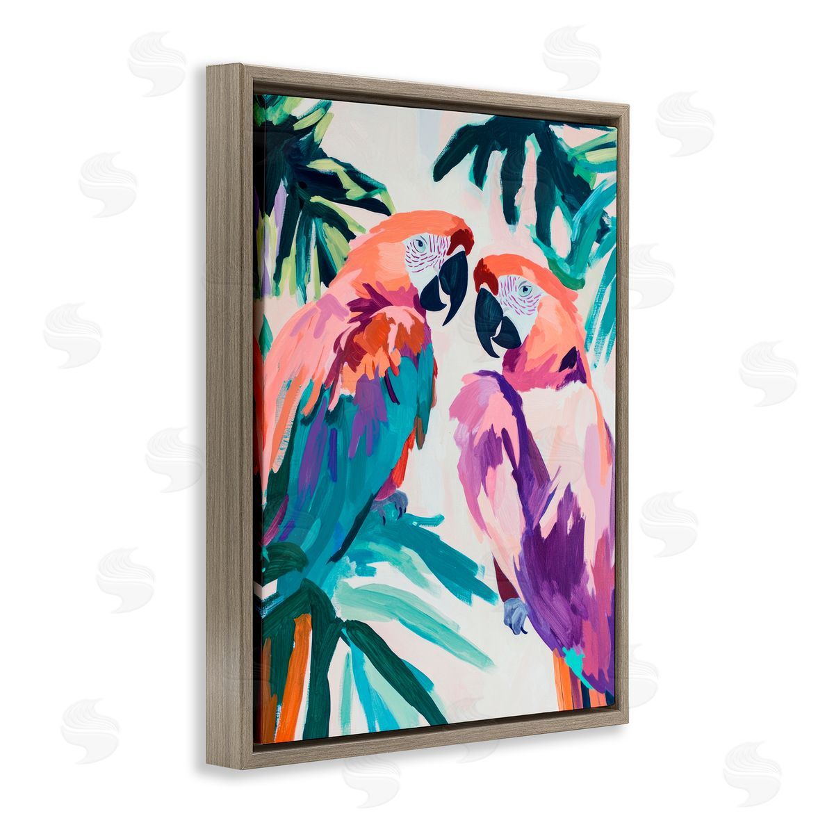 Sisi and Seb Tropical Paradise Macaws Brown Floating Frame Canvas Art Print