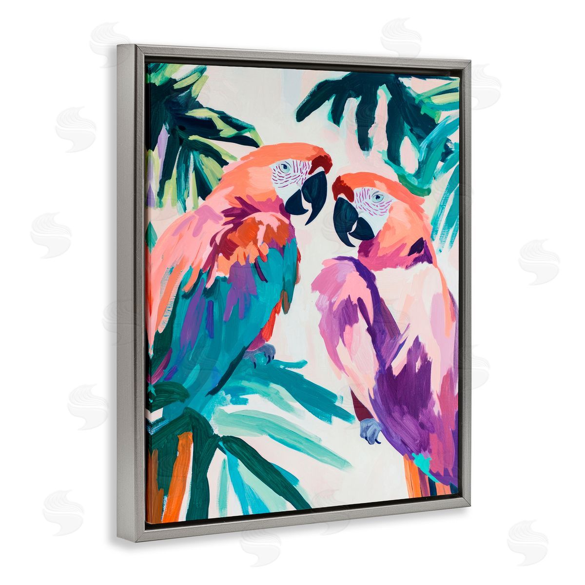 Sisi and Seb Tropical Paradise Macaws Gray Floating Frame Canvas Art Print