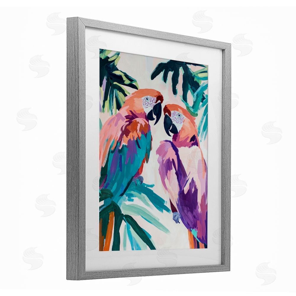 Sisi and Seb Tropical Paradise Macaws Gray Framed Print Under Glass Art