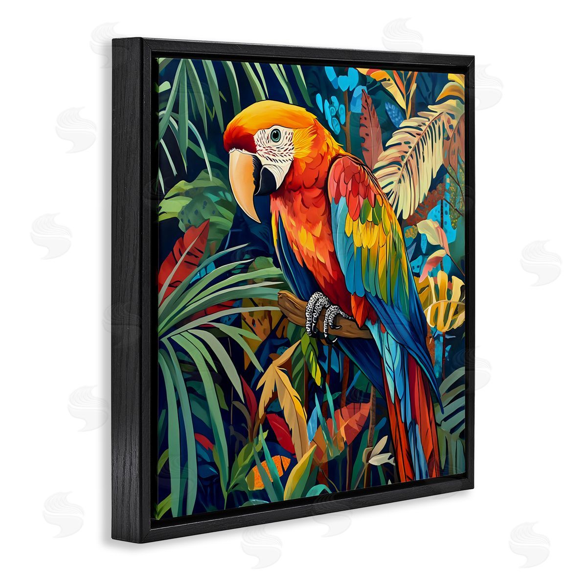 LSR Design Studio Jungle Parrot Amid Leaves Black Floating Frame Canvas Wall Art Print