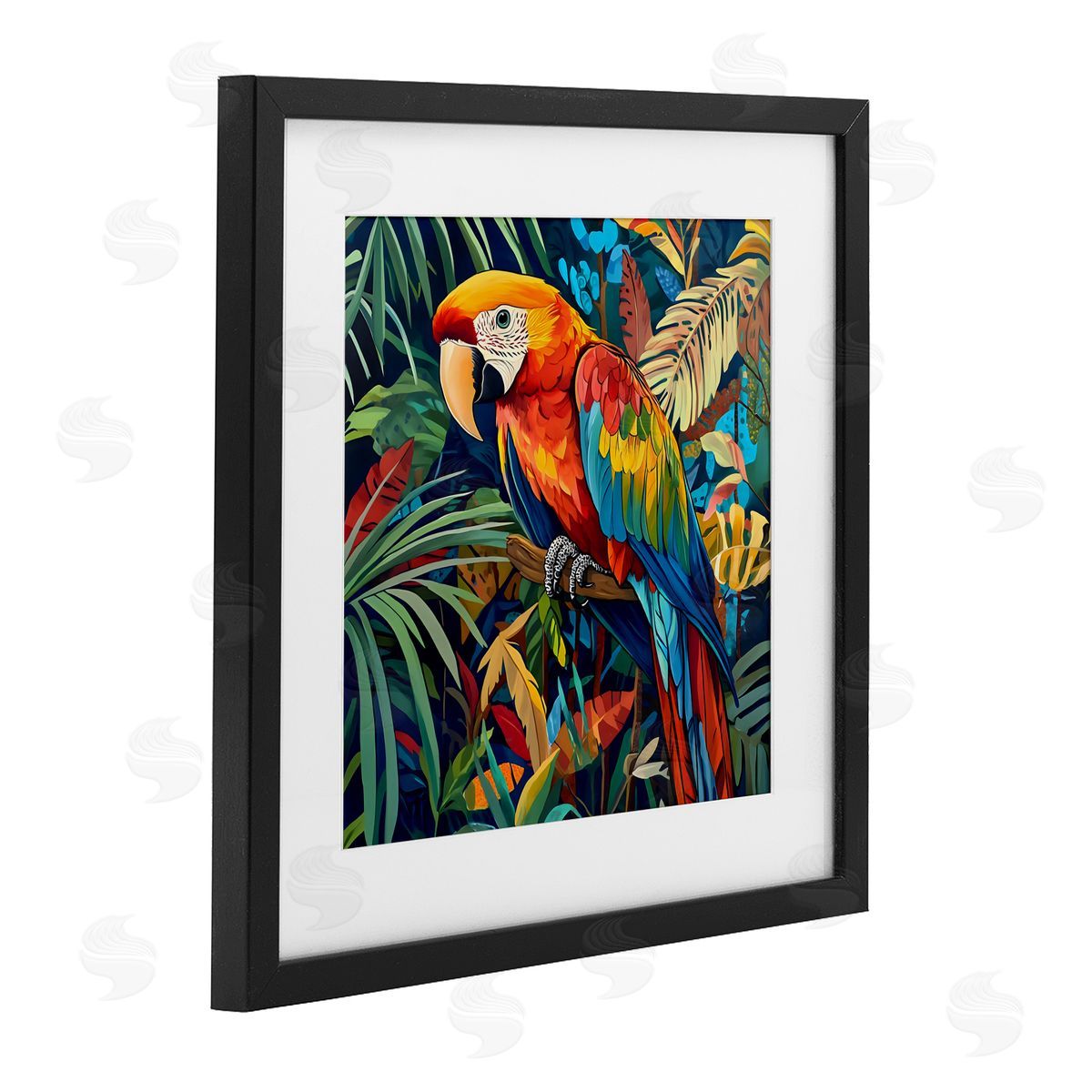 LSR Design Studio Jungle Parrot Amid Leaves Black Framed Print Under Glass Art
