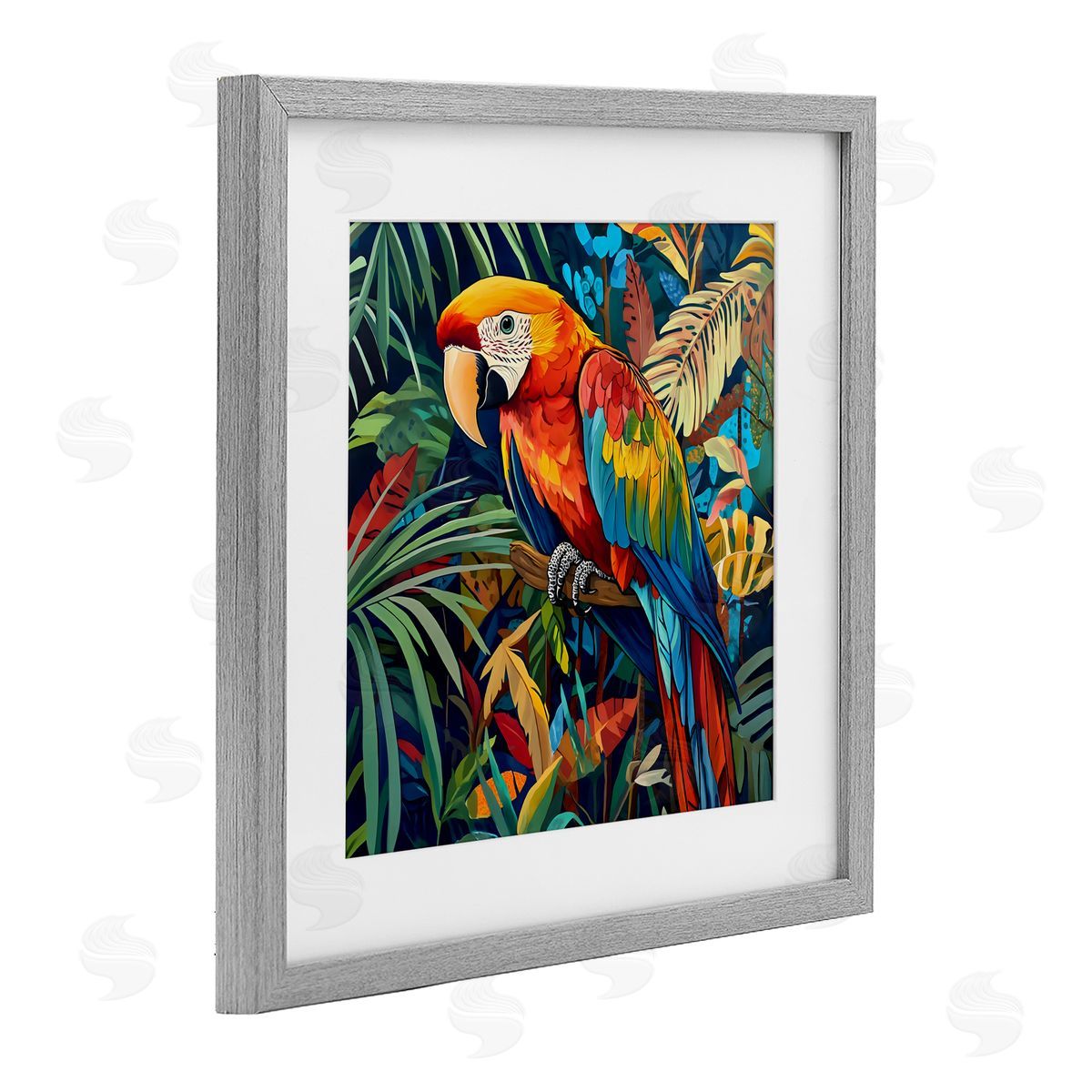LSR Design Studio Jungle Parrot Amid Leaves Gray Framed Print Under Glass Art
