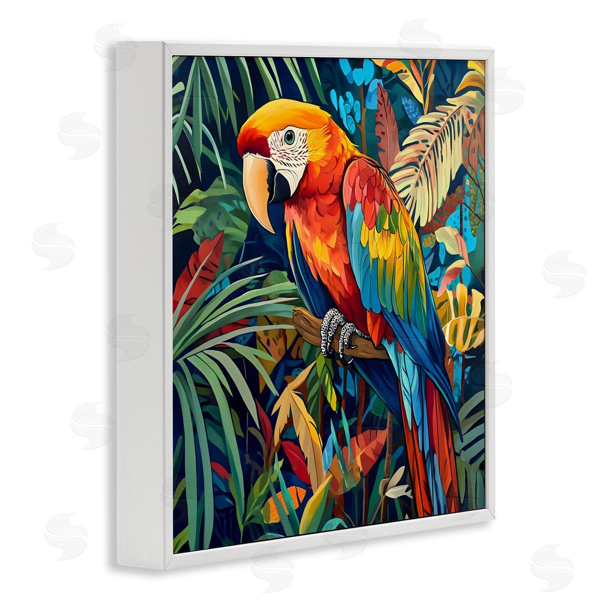 LSR Design Studio Jungle Parrot Amid Leaves White Frame Giclee Art Print