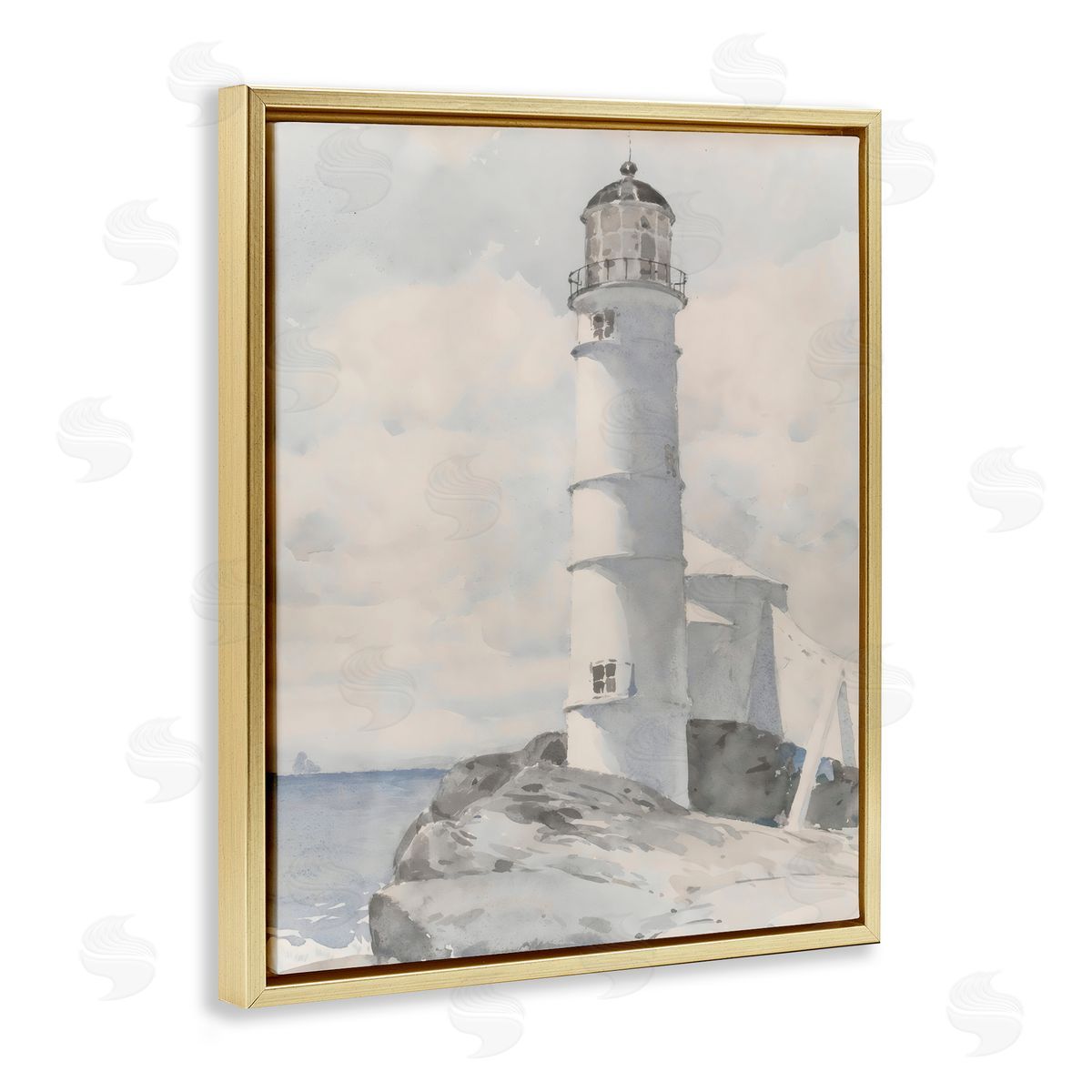 Riley B Soft Vintage Coastal Lighthouse Gold Floating Frame Canvas Art Print