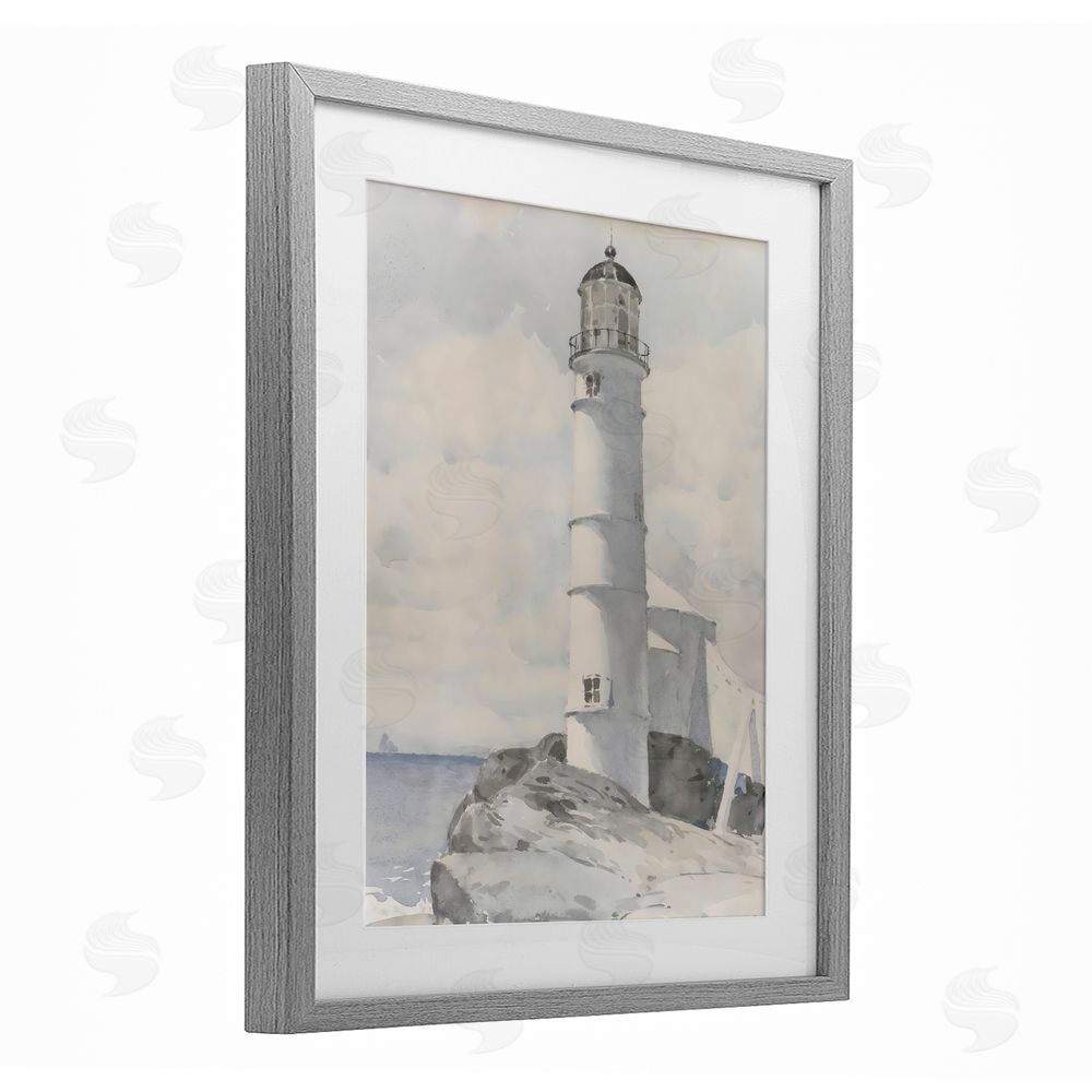 Riley B Soft Vintage Coastal Lighthouse Gray Framed Print Under Glass Art
