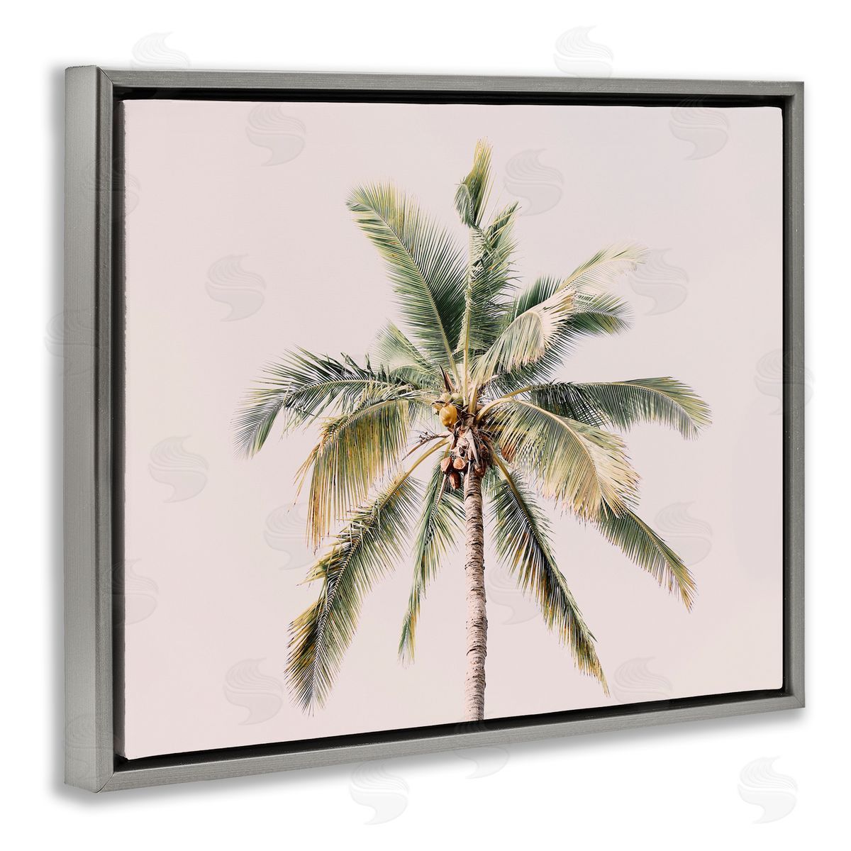 Sisi and Seb Palm Tree Underside on Pink Gray Floating Frame Canvas Art Print