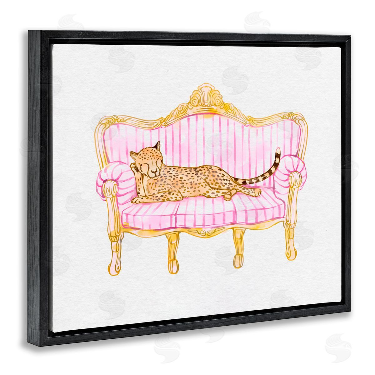 Ziwei Li Sleeping Leopard on Striped Sofa Black Floating Frame Canvas Wall Art Print