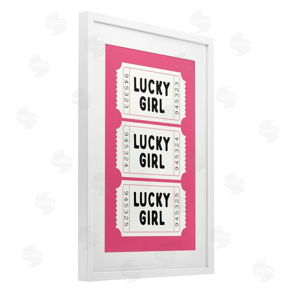 Lettered and Lined Lucky Girl Ticket Stubs White Framed Print Under Glass Art