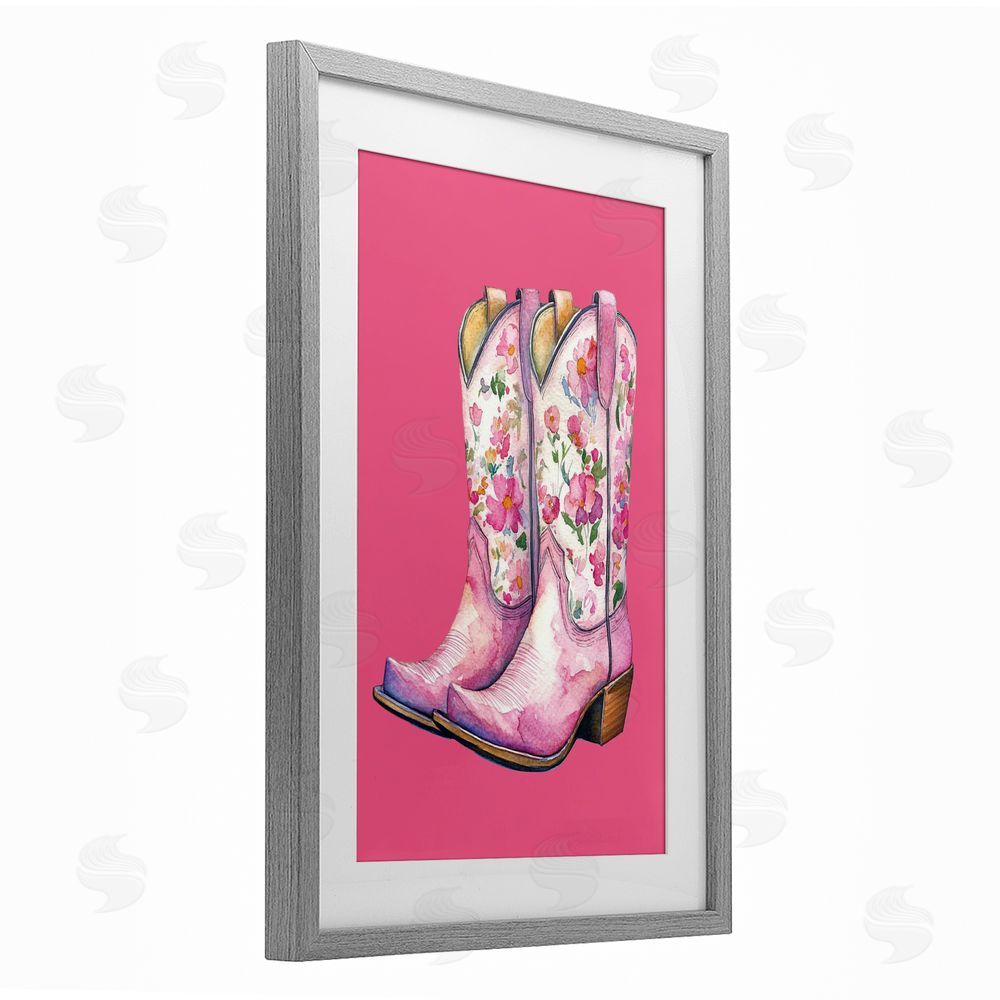Lettered and Lined Glam Cowgirl Boots on Pink Gray Framed Print Under Glass Art