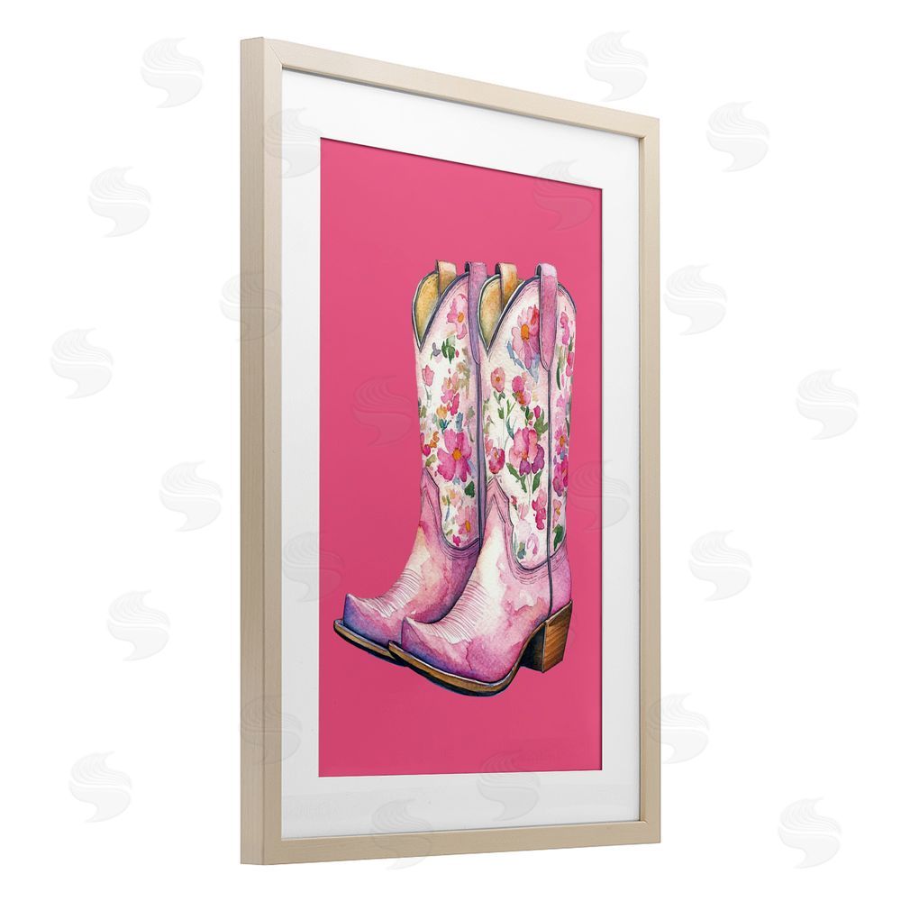 Lettered and Lined Glam Cowgirl Boots on Pink Birch Framed Print Under Glass Art