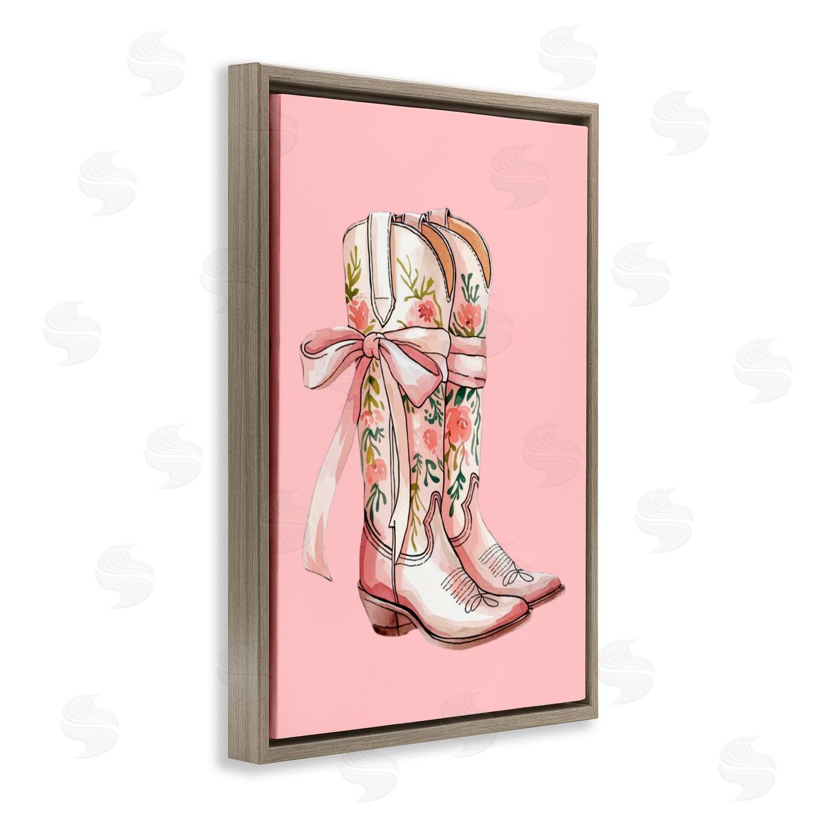Lettered and Lined Cowgirl Boots with Neutral Ribbon Brown Floating Frame Canvas Art Print