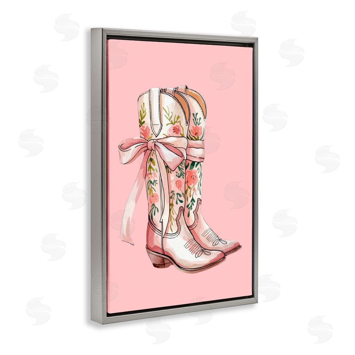 Lettered and Lined Cowgirl Boots with Neutral Ribbon Gray Floating Frame Canvas Art Print
