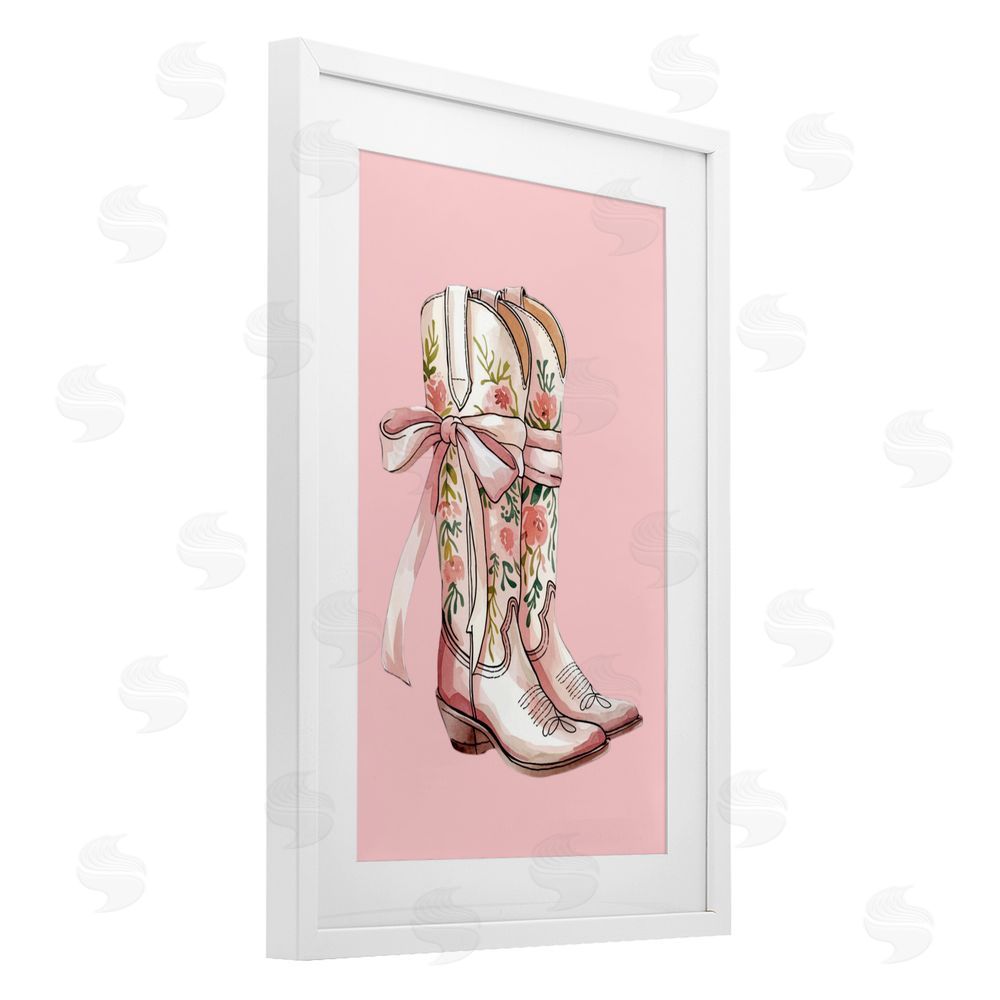 Lettered and Lined Cowgirl Boots with Neutral Ribbon White Framed Print Under Glass Art