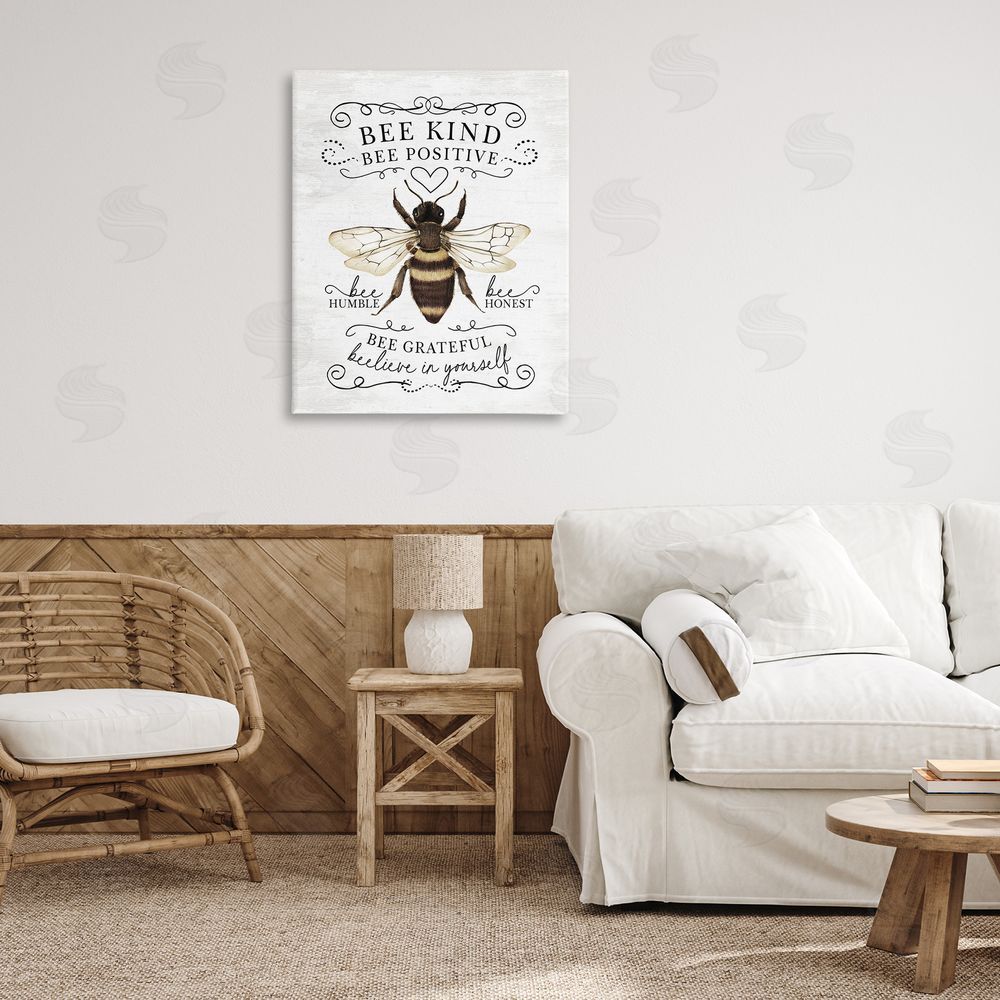 Lettered and Lined Bee Kind & Positive Country Printed Wall Art in Room