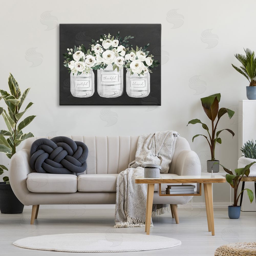 Lettered and Lined Floral Farmhouse Jars Trio Printed Wall Art in Room